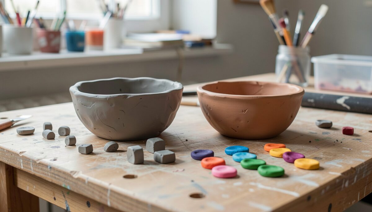 Un plan de travail avec deux terrines de pâte côte à côte, argile grise autodurcissante et pâte polymère colorée, petites pièces d'essai autour.