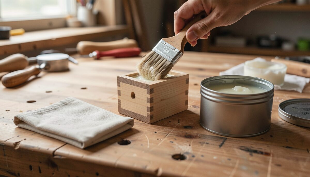 Une petite boîte en bois en cours de cirage à la table, tampon de toile et pot de cire claire, teinte chaude de l'atelier.