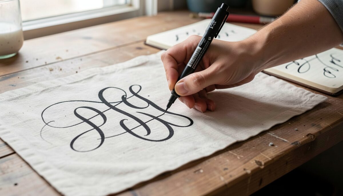 Une main écrivant un prénom en lettres anglaises au feutre textile noir sur un torchon de lin écru, lettres soignées, un carnet de calligraphie ouvert à côté.