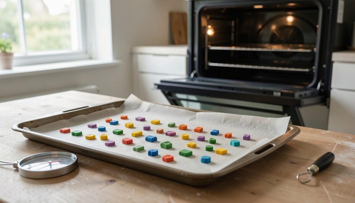 Une plaque de cuisson avec de petites pièces de pâte polymère colorée sur papier sulfurisé, thermomètre de four posé à côté, four entrouvert en arrière-plan.
