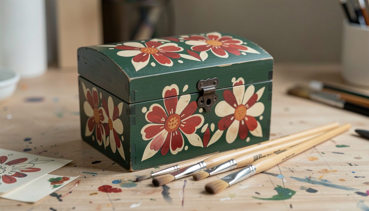 Une petite commode en bois peinte de motifs paysans, fleurs stylisées rouges et crème sur fond vert sombre, pinceaux fins posés à côté.