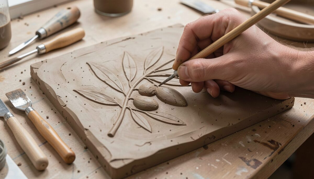 Un bas-relief en argile en cours de modelage représentant une branche d'olivier, outils de modelage en bois, esquisse tracée au pointe sèche encore visible.