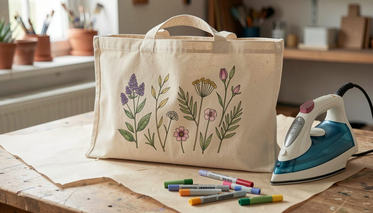 Un tote bag en coton écru décoré au feutre textile de motifs végétaux, fer à repasser et feuille de papier sulfurisé posés à côté.