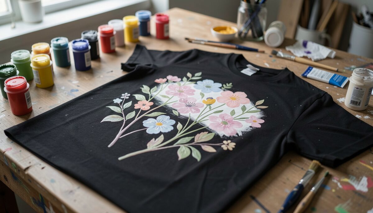 Un tee-shirt noir en cours de peinture au motif floral clair, couche de base blanche visible sous les couleurs, pinceaux et pots textile sur la table.