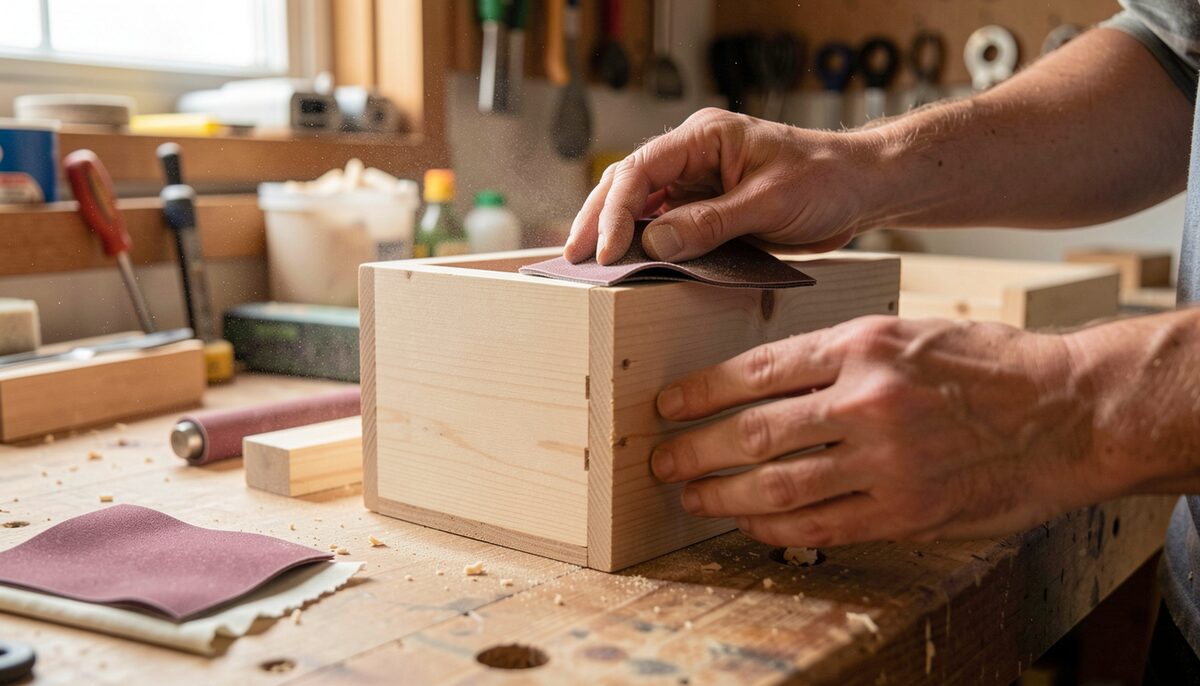 Des mains qui poncent une boîte en bois brut sur un plan de travail, papier abrasif et chiffon, poussière fine à la lumière d'atelier.