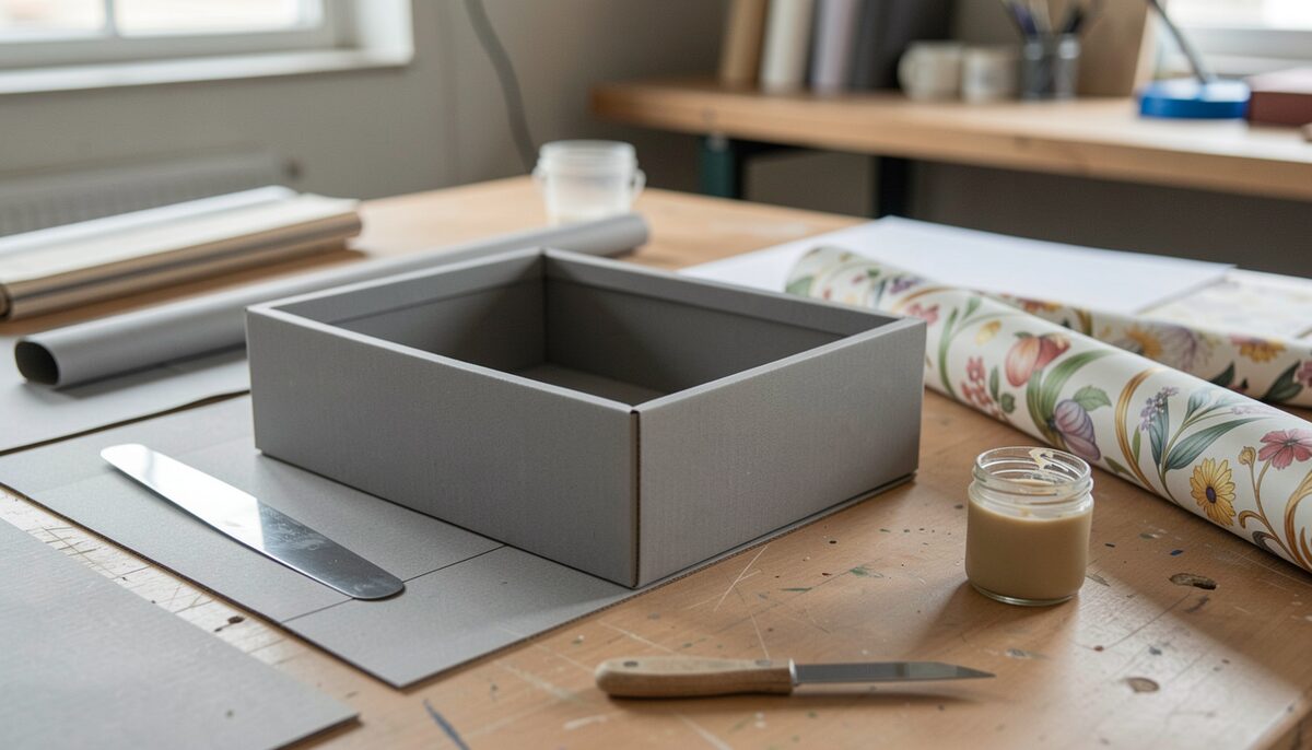 Une boîte de cartonnage en cours de montage, carton gris coupé net, plioir en os, rouleau de papier décoratif et pot de colle à reliure sur la table.